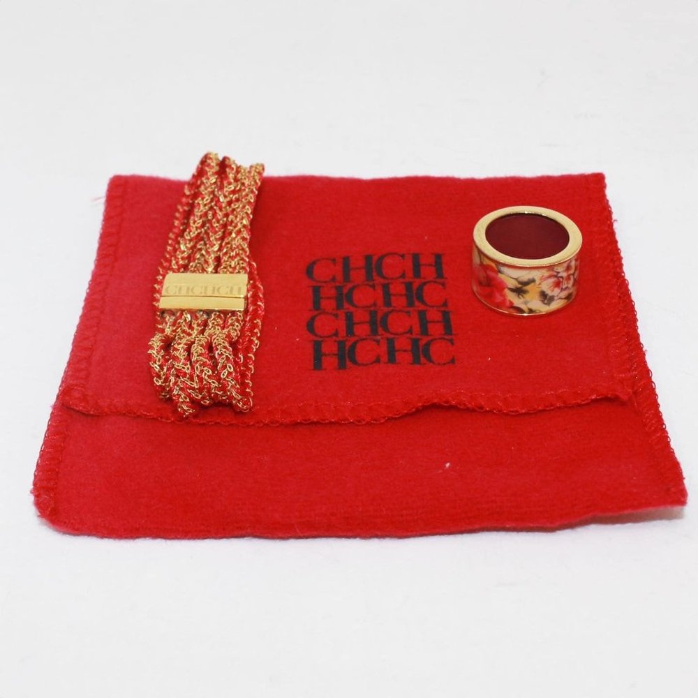 CAROLINA HERRERA #39318 Floral Red Bracelet and Ring Set (Ring Size 6)